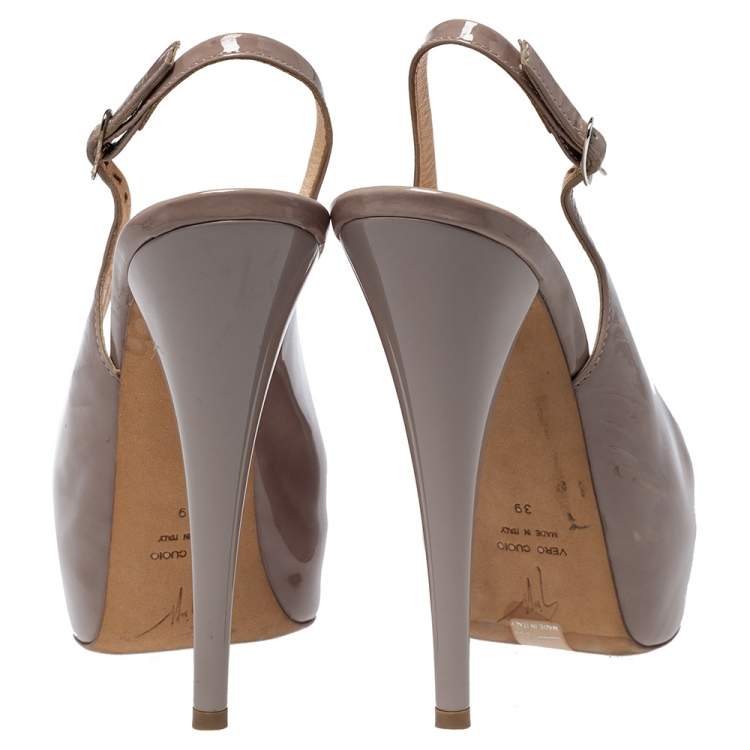 Pre Owned Giuseppe Zanotti Grey Patent Leather Peep Toe Slingback Platform Sandals Size 39
