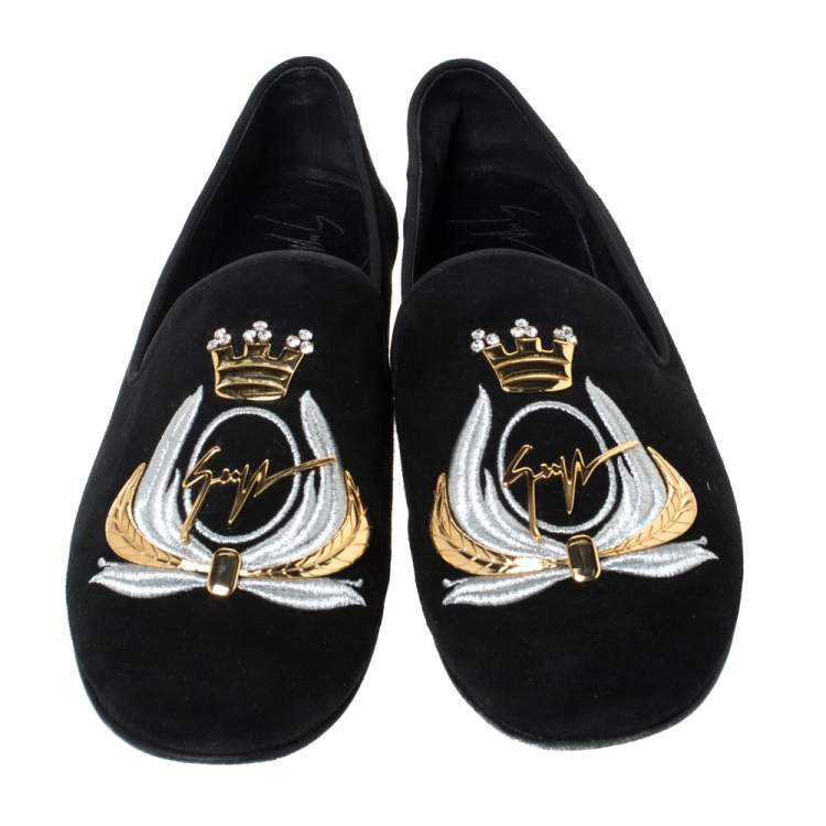 Pre Owned Giuseppe Zanotti Black Suede Crystal Embellished Smoking Slippers Size 42