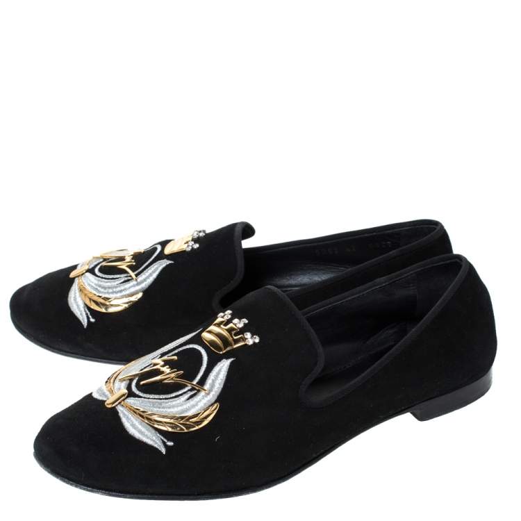 Pre Owned Giuseppe Zanotti Black Suede Crystal Embellished Smoking Slippers Size 42