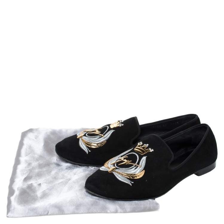 Pre Owned Giuseppe Zanotti Black Suede Crystal Embellished Smoking Slippers Size 42