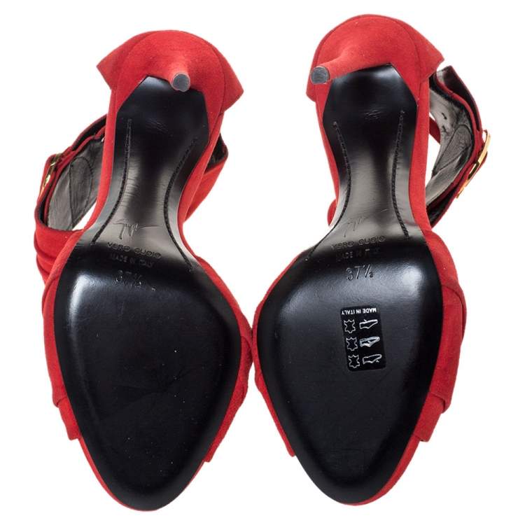 Pre Owned Giuseppe Zanotti Red Pleated Suede Ringed Ankle Strap Sandals Size 37.5 
