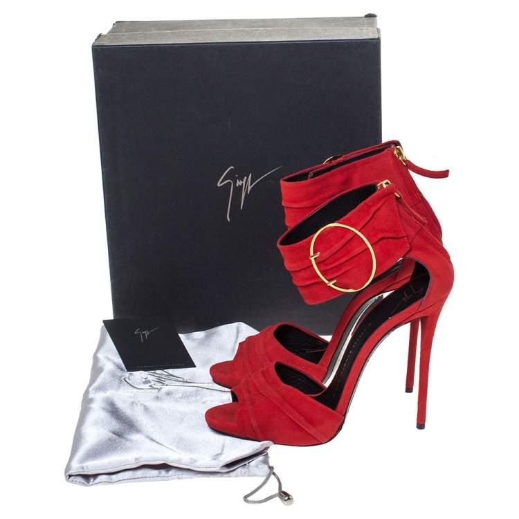 Pre Owned Giuseppe Zanotti Red Pleated Suede Ringed Ankle Strap Sandals Size 37.5 