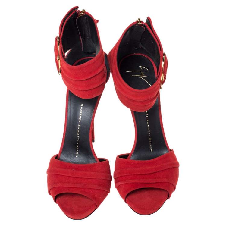 Pre Owned Giuseppe Zanotti Red Pleated Suede Ringed Ankle Strap Sandals Size 37.5 
