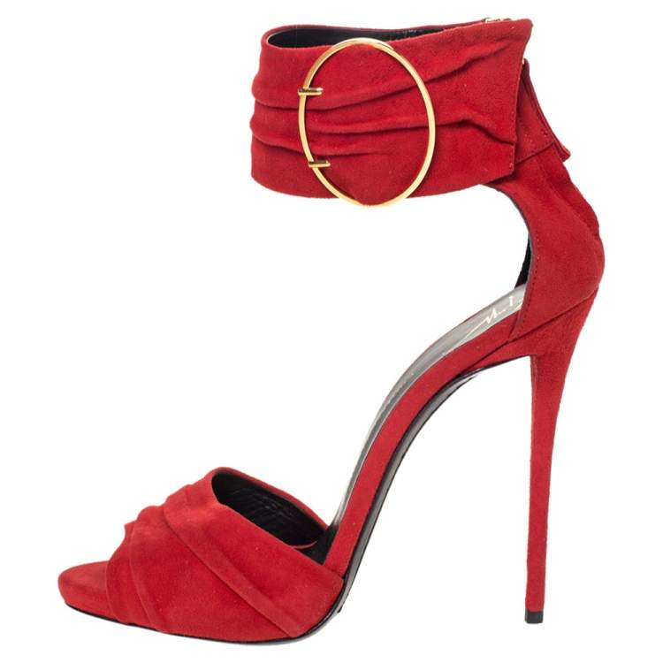 Pre Owned Giuseppe Zanotti Red Pleated Suede Ringed Ankle Strap Sandals Size 37.5 