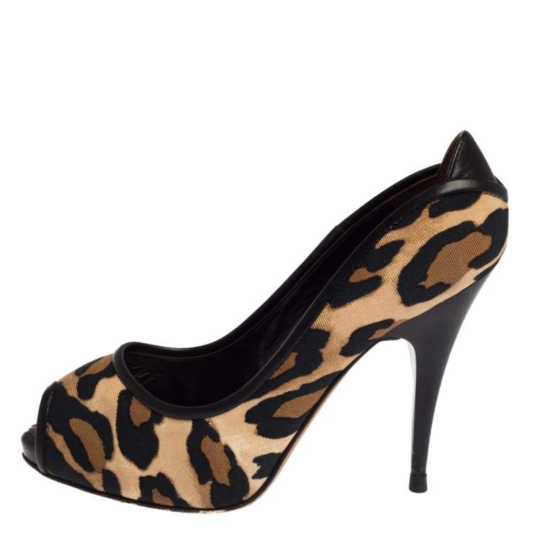 Pre Owned Giuseppe Zanotti Leopard Print Canvas Peep Toe Pumps Size 36.5