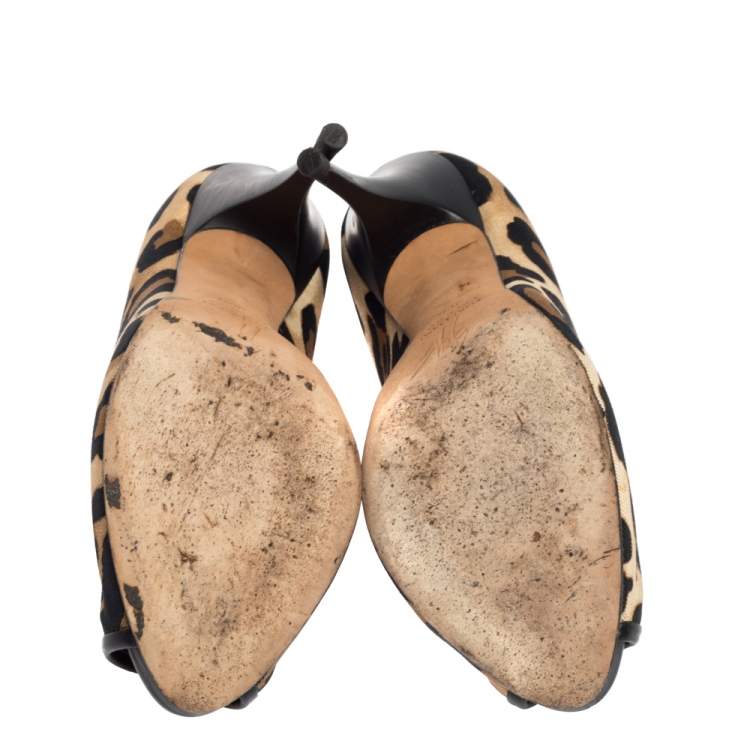 Pre Owned Giuseppe Zanotti Leopard Print Canvas Peep Toe Pumps Size 36.5