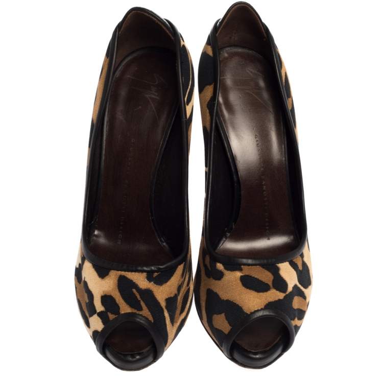Pre Owned Giuseppe Zanotti Leopard Print Canvas Peep Toe Pumps Size 36.5