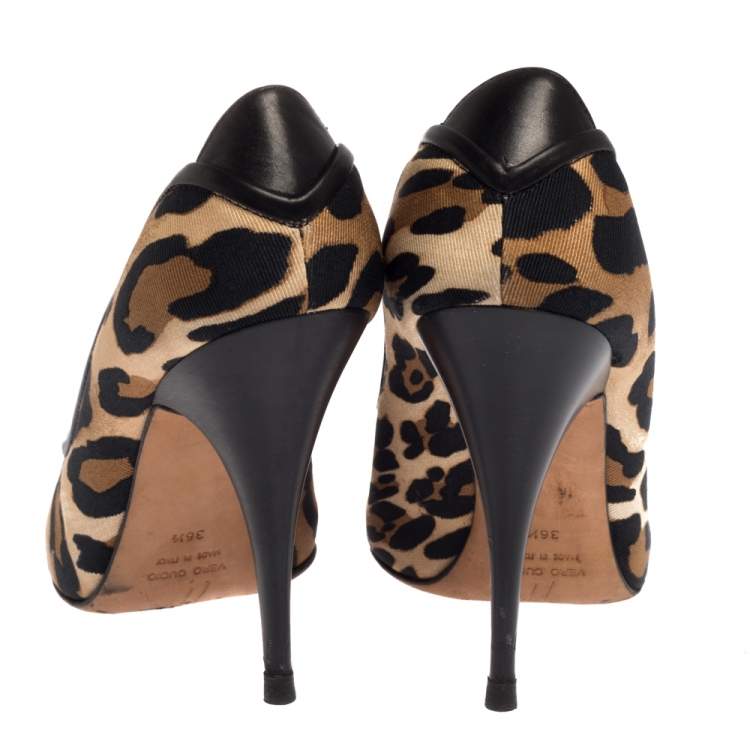 Pre Owned Giuseppe Zanotti Leopard Print Canvas Peep Toe Pumps Size 36.5