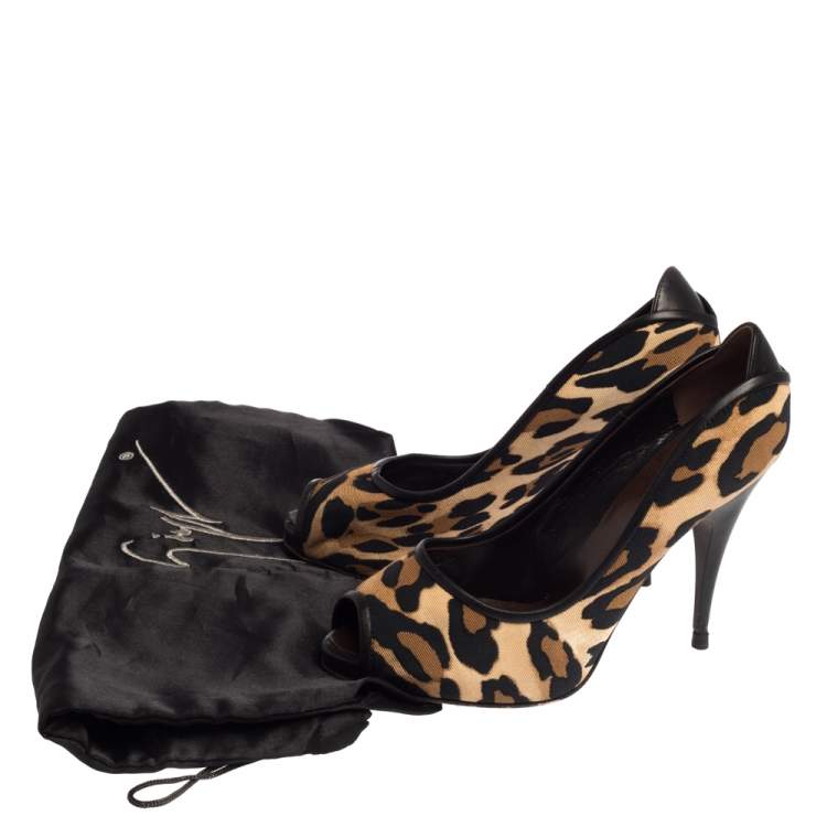 Pre Owned Giuseppe Zanotti Leopard Print Canvas Peep Toe Pumps Size 36.5