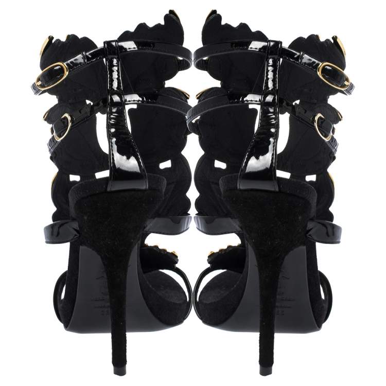 Pre Owned Giuseppe Zanotti Black/Gold Leather and Suede Cruel Summer Sandals Size 38.5