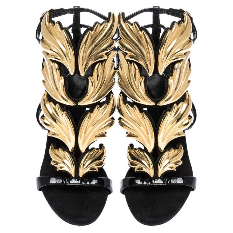 Pre Owned Giuseppe Zanotti Black/Gold Leather and Suede Cruel Summer Sandals Size 38.5