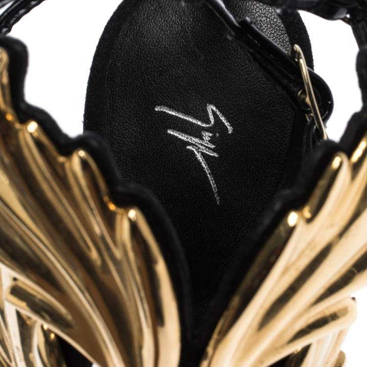 Pre Owned Giuseppe Zanotti Black/Gold Leather and Suede Cruel Summer Sandals Size 38.5