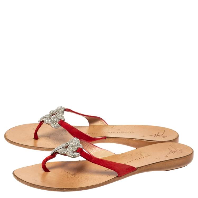 Pre Owned Giuseppe Zanotti Red Suede Crystal Embellished Thong Flats Size 38