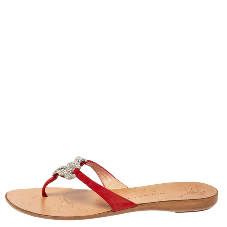 Pre Owned Giuseppe Zanotti Red Suede Crystal Embellished Thong Flats Size 38