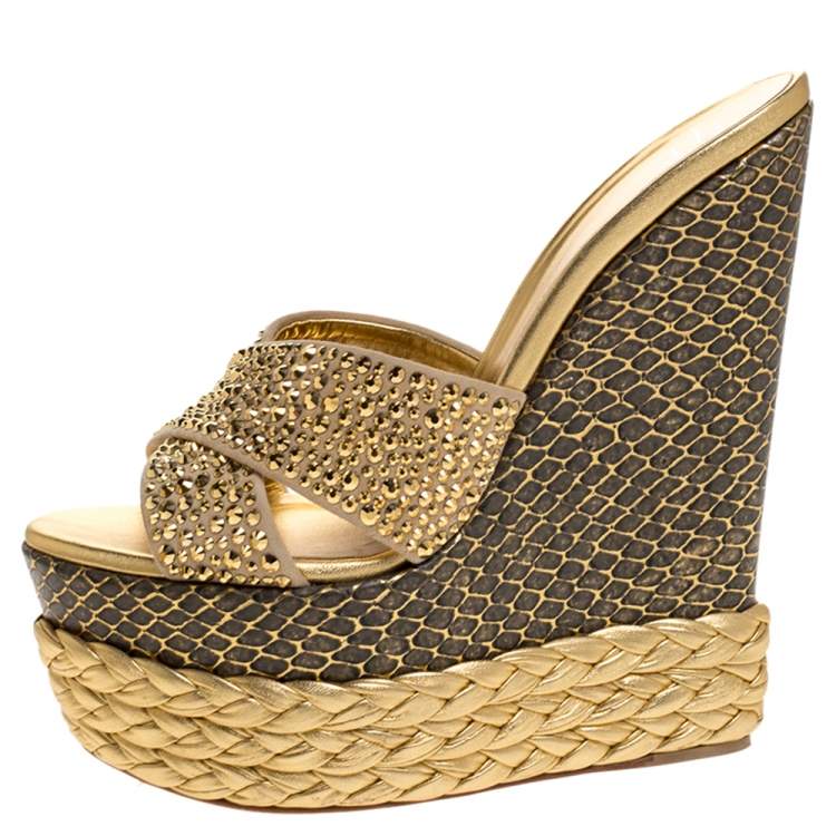 Pre Owned Giuseppe Zanotti Multicolor Suede And Leather Crystal Embellished Platform Wedge Sandals Size 38