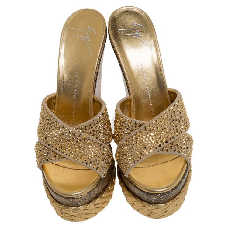 Pre Owned Giuseppe Zanotti Multicolor Suede And Leather Crystal Embellished Platform Wedge Sandals Size 38