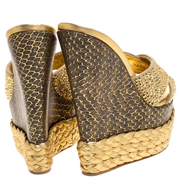 Pre Owned Giuseppe Zanotti Multicolor Suede And Leather Crystal Embellished Platform Wedge Sandals Size 38