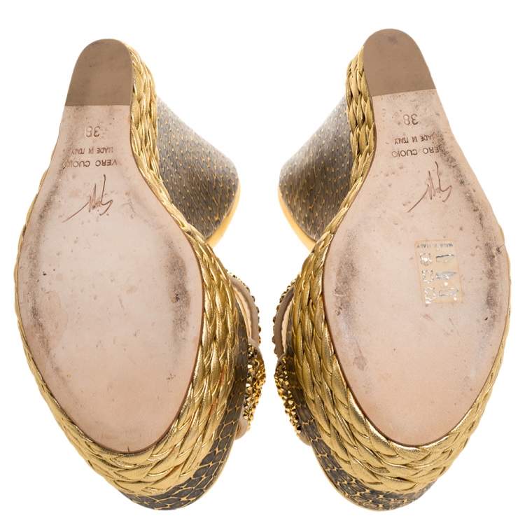 Pre Owned Giuseppe Zanotti Multicolor Suede And Leather Crystal Embellished Platform Wedge Sandals Size 38
