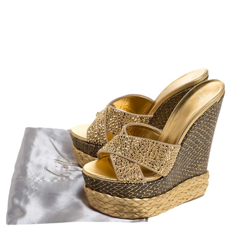 Pre Owned Giuseppe Zanotti Multicolor Suede And Leather Crystal Embellished Platform Wedge Sandals Size 38