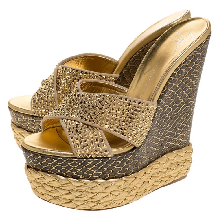 Pre Owned Giuseppe Zanotti Multicolor Suede And Leather Crystal Embellished Platform Wedge Sandals Size 38