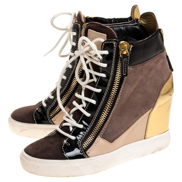 Pre Owned Giuseppe Zanotti Tricolor Suede Leather Wedge Sneakers Size 38