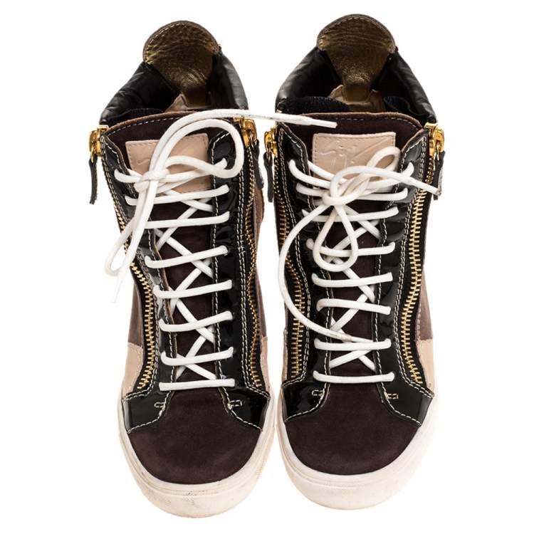 Pre Owned Giuseppe Zanotti Tricolor Suede Leather Wedge Sneakers Size 38