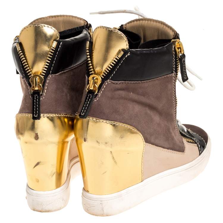Pre Owned Giuseppe Zanotti Tricolor Suede Leather Wedge Sneakers Size 38