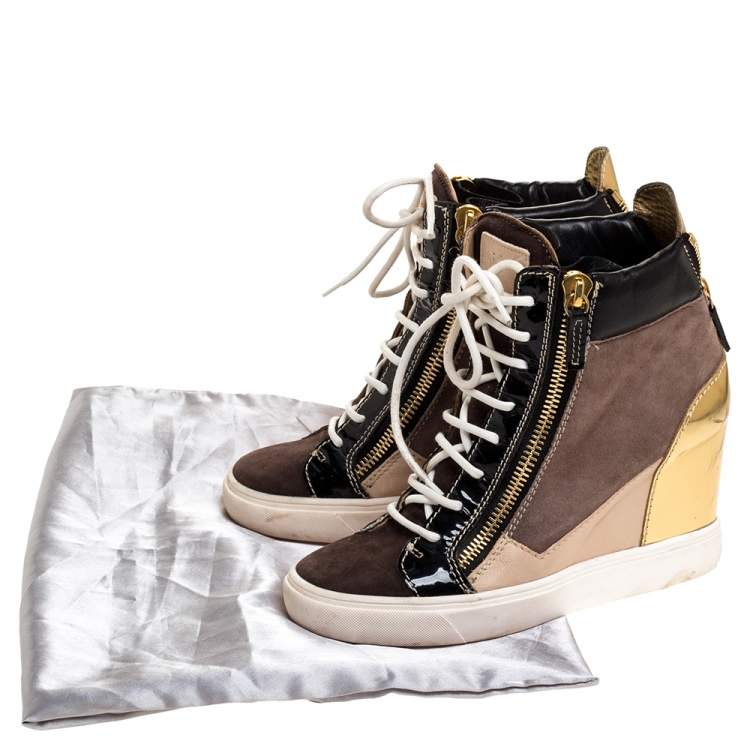 Pre Owned Giuseppe Zanotti Tricolor Suede Leather Wedge Sneakers Size 38