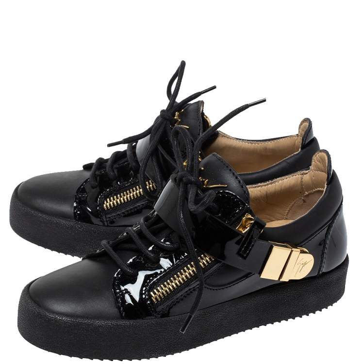 Pre Owned Giuseppe Zanotti Black Patent Leather Double Zipper Low Top Sneakers Size 35.5