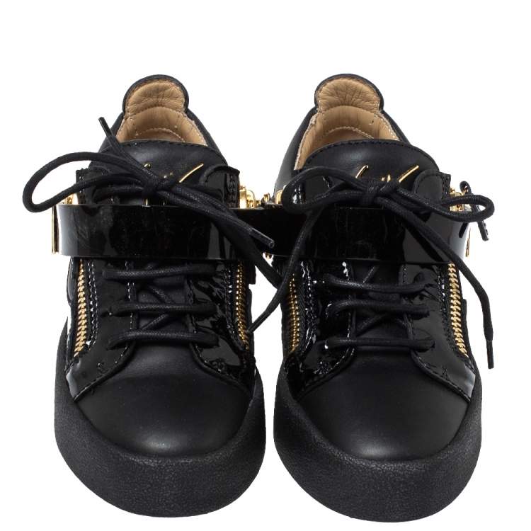 Pre Owned Giuseppe Zanotti Black Patent Leather Double Zipper Low Top Sneakers Size 35.5