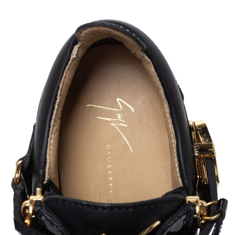 Pre Owned Giuseppe Zanotti Black Patent Leather Double Zipper Low Top Sneakers Size 35.5