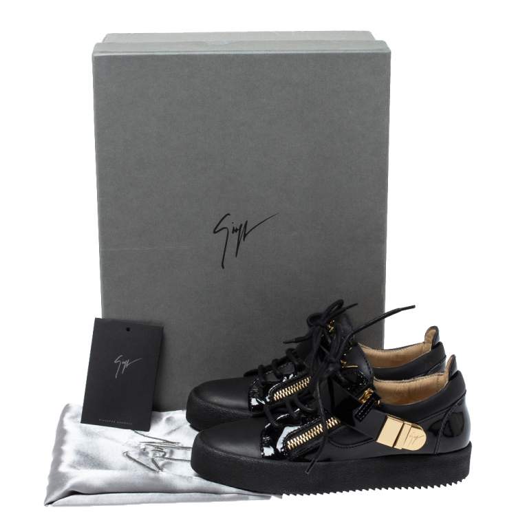 Pre Owned Giuseppe Zanotti Black Patent Leather Double Zipper Low Top Sneakers Size 35.5