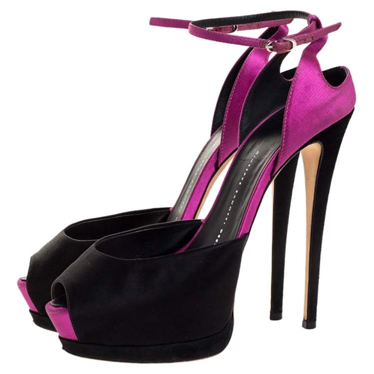 Pre Owned Giuseppe Zanotti Black/Purple Satin And Suede Peep Toe Ankle Strap Platform Sandals Size 37.5