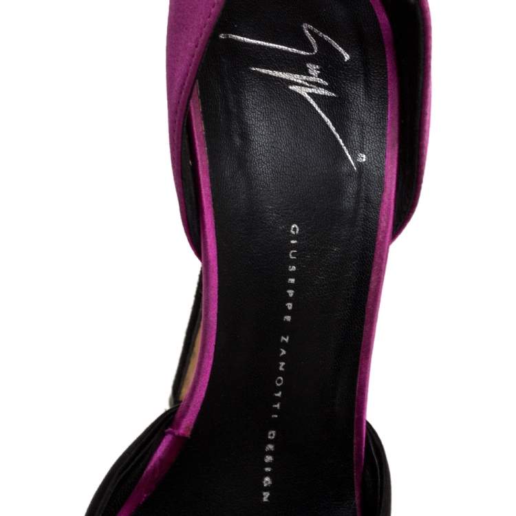 Pre Owned Giuseppe Zanotti Black/Purple Satin And Suede Peep Toe Ankle Strap Platform Sandals Size 37.5