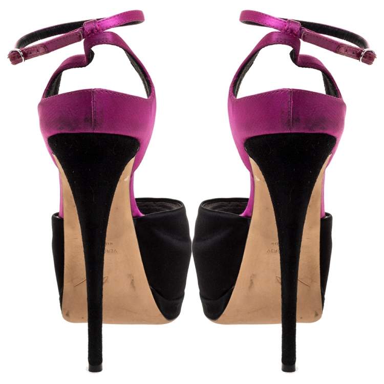 Pre Owned Giuseppe Zanotti Black/Purple Satin And Suede Peep Toe Ankle Strap Platform Sandals Size 37.5