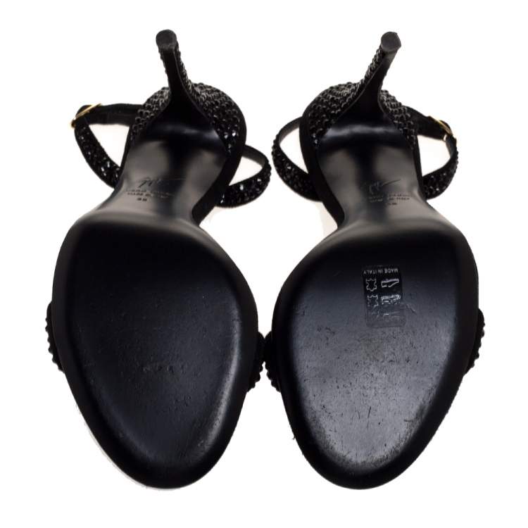 Pre Owned Giuseppe Zanotti Black Suede Crystal Embellished Slingback Sandals Size 39
