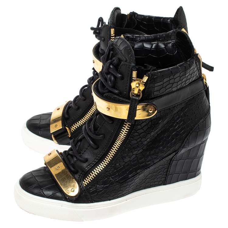 Pre Owned Giuseppe Zanotti Black Croc Embossed Leather Lorenz Wedge Sneakers Size 38