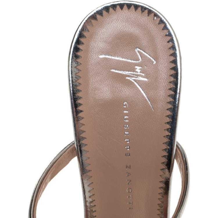 Pre Owned Giuseppe Zanotti Metallic Silver Foil Leather Double Strap Sandals Size 37