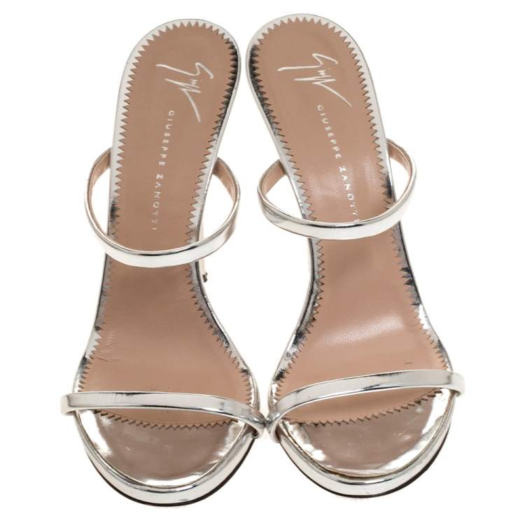 Pre Owned Giuseppe Zanotti Metallic Silver Foil Leather Double Strap Sandals Size 37