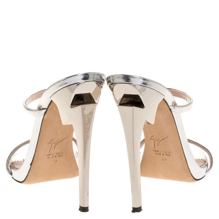 Pre Owned Giuseppe Zanotti Metallic Silver Foil Leather Double Strap Sandals Size 37