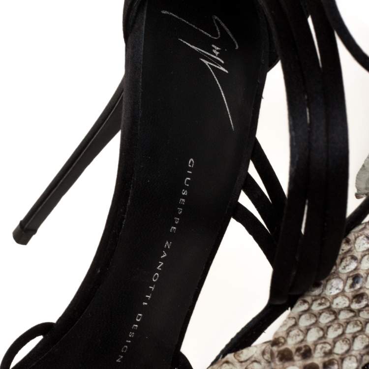 Pre Owned Giuseppe Zanotti Black Satin And Embossed Snakeskin Strappy Sandals Size 39
