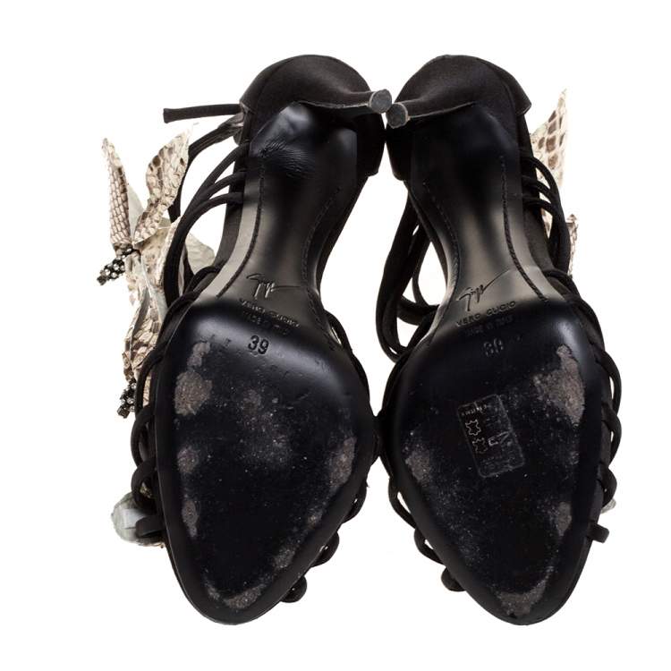 Pre Owned Giuseppe Zanotti Black Satin And Embossed Snakeskin Strappy Sandals Size 39
