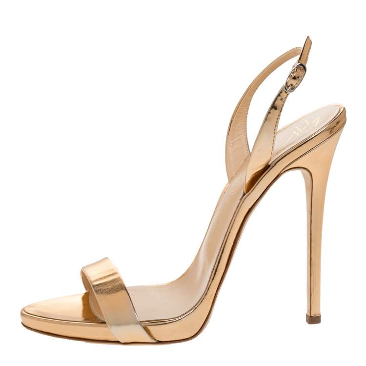 Pre Owned Giuseppe Zanotti Metallic Rose Gold Foil Leather Slingback Sandals Size 39
