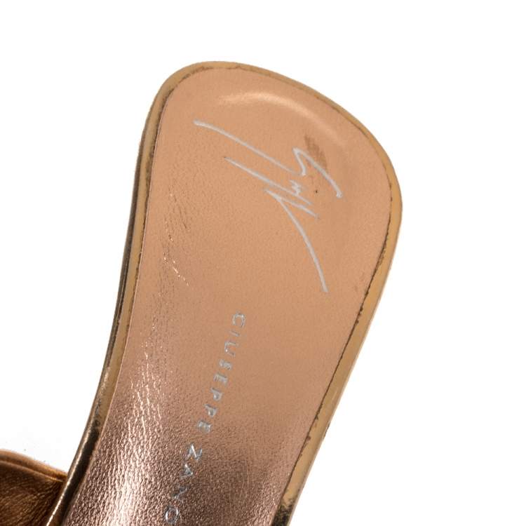 Pre Owned Giuseppe Zanotti Metallic Rose Gold Leather Knot Detail Slide Sandals Size 38.5
