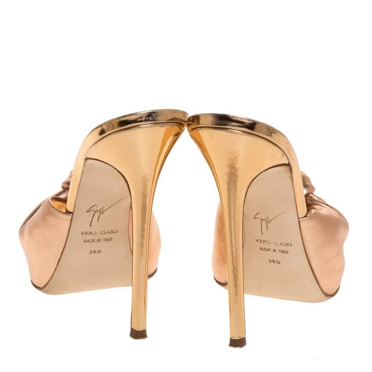 Pre Owned Giuseppe Zanotti Metallic Rose Gold Leather Knot Detail Slide Sandals Size 38.5