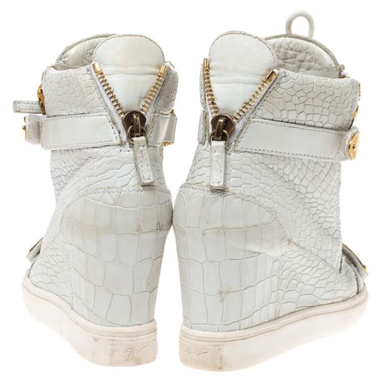 Pre Owned Giuseppe Zanotti White Croc Embossed Leather Lorenz Wedge High Top Sneakers Size 38