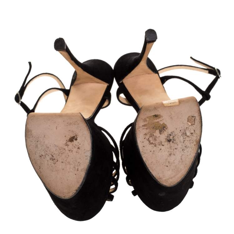 Pre Owned Giuseppe Zanotti Black Suede Leather T-Strap Platform Sandals Size 37