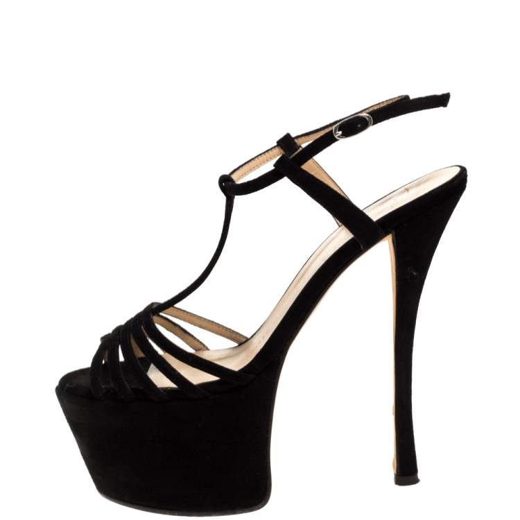 Pre Owned Giuseppe Zanotti Black Suede Leather T-Strap Platform Sandals Size 37