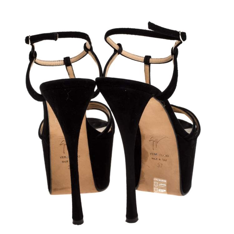 Pre Owned Giuseppe Zanotti Black Suede Leather T-Strap Platform Sandals Size 37