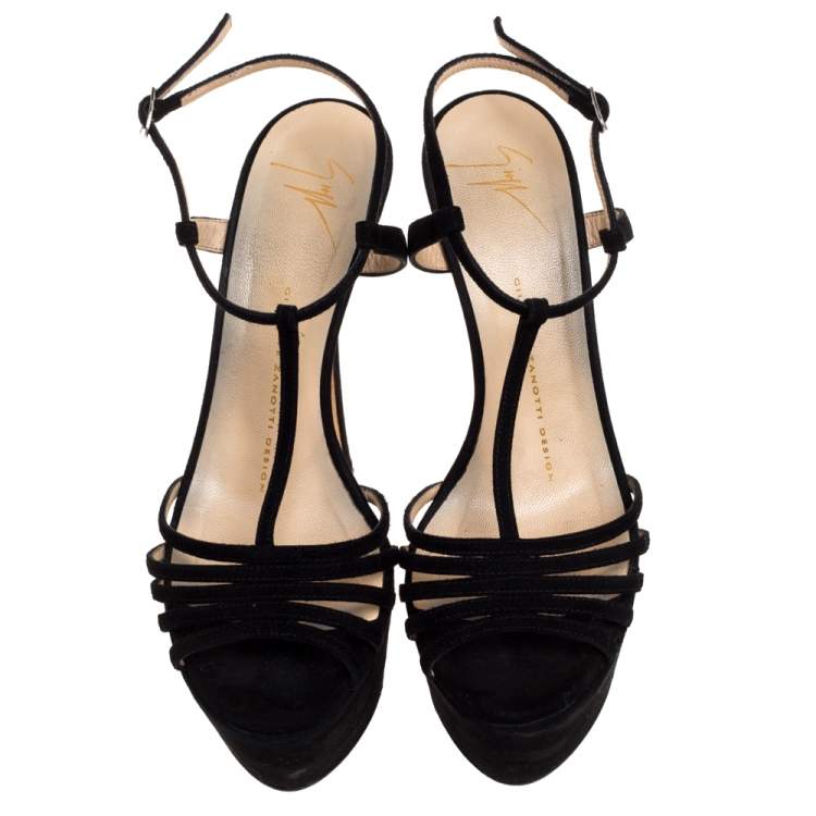 Pre Owned Giuseppe Zanotti Black Suede Leather T-Strap Platform Sandals Size 37